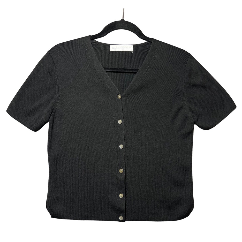 Valerie Stevens Black Short Sleeve Cardigan V-Neck Button Front Sweater M